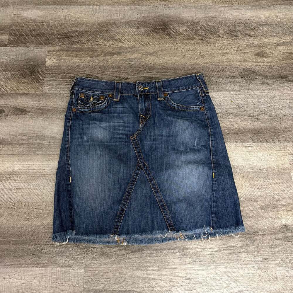 True Religion Sadie Denim Mini Skirt Raw Hem Dark Wash Size 31 -Size 12 -Large